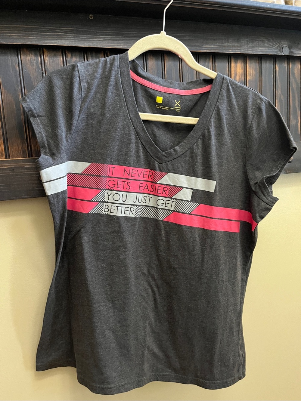 Xersion Charcoal Gray Tee with Pink and Light Gray Stripes